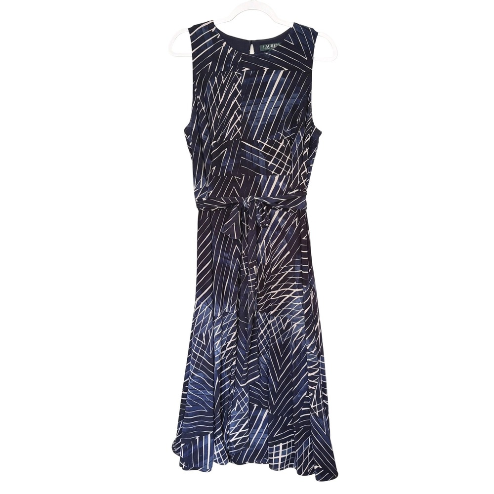 Lauren Ralph Lauren Geometric Midi Dress 14 Navy Linear Abstract Dark Academia